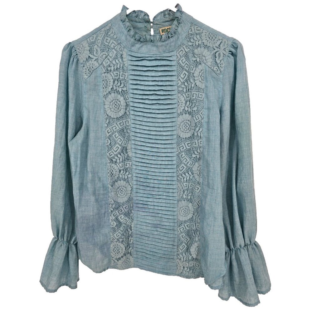 Rockin' C Size Small Womens Top Teal High Neck Romantic Lace Pleated Blouse